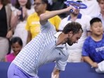 A frustrated Daniil Medvedev smashes his racket towards the end of his first round loss vs Benjamin Bonzi. A frustrated Daniil Medvedev smashes his racket towards the end of his first round loss vs Benjamin Bonzi.