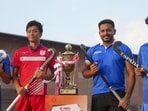 India’s captain Harmanpreet Singh with counterparts of other teams poses with the trophy ahead of Asia Cup Hockey in Rajgir (PTI)