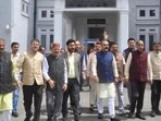 Leader of opposition Jairam Thakur along with BJP legislators raising slogans outside the Himachal Pradesh Vidhan Sabha during the monsoon session in Shimla on Thursday. (Deepak Sansta/HT) Leader of opposition Jairam Thakur along with BJP legislators raising slogans outside the Himachal Pradesh Vidhan Sabha during the monsoon session in Shimla on Thursday. (Deepak Sansta/HT)