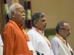 Rashtriya Swayamsevak Sangh (RSS) chief Mohan Bhagwat with other leaders of the organisation at an event to marks its centenary year, in New Delhi on Thursday, Aug 28. Rashtriya Swayamsevak Sangh (RSS) chief Mohan Bhagwat with other leaders of the organisation at an event to marks its centenary year, in New Delhi on Thursday, Aug 28.