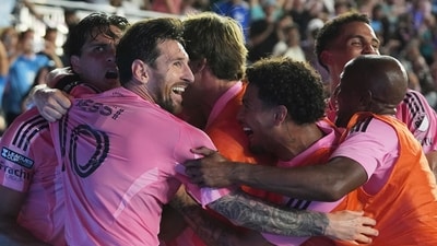 A jubilant Lionel Messi and Telasco Segovia are mobbed by Inter Miami teammates. (AP) A jubilant Lionel Messi and Telasco Segovia are mobbed by Inter Miami teammates. (AP)