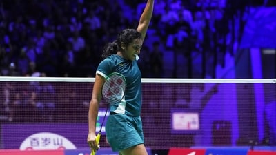 Pusarla V. Sindhu celebrates as she defeats China' s Wang Zhi Yi during their women's third round match of the Badminton World Championships (AP)