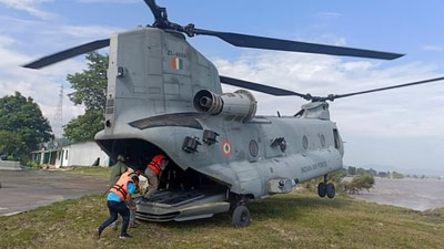 An Indian Air Force aircraft is seen to carry out relief ops in the flood hit areas of Jammu after the region saw devastating floods following heavy rains since Tuesday. (PIB via PTI) An Indian Air Force aircraft is seen to carry out relief ops in the flood hit areas of Jammu after the region saw devastating floods following heavy rains since Tuesday. (PIB via PTI)
