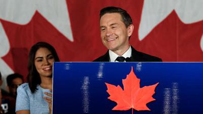 Canada's Conservative leader Pierre Poilievre takes the podium after winning a by-election in Alberta's Battle River-Crowfoot constituency, after he lost his long-held Ottawa constituency in the general election, in Camrose, Alberta, on August 18. (REUTERS) Canada's Conservative leader Pierre Poilievre takes the podium after winning a by-election in Alberta's Battle River-Crowfoot constituency, after he lost his long-held Ottawa constituency in the general election, in Camrose, Alberta, on August 18. (REUTERS)