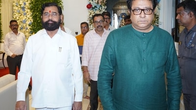 Maharashtra deputy chief minister Eknath Shinde at MNS president Raj Thackeray's residence. (X/mieknathshinde) Maharashtra deputy chief minister Eknath Shinde at MNS president Raj Thackeray's residence. (X/mieknathshinde)