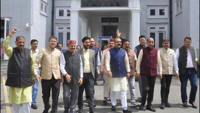 Leader of opposition Jairam Thakur along with BJP legislators raising slogans outside the Himachal Pradesh Vidhan Sabha during the monsoon session in Shimla on Thursday. (Deepak Sansta/HT) Leader of opposition Jairam Thakur along with BJP legislators raising slogans outside the Himachal Pradesh Vidhan Sabha during the monsoon session in Shimla on Thursday. (Deepak Sansta/HT)