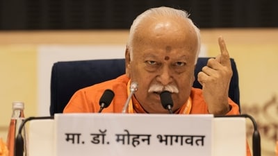 Rashtriya Swayamsevak Sangh (RSS) chief Mohan Bhagwat speaks on the third day of 'Vyakhyanmala' event, organised to mark the centenary year of RSS, in New Delhi, Thursday, Aug. 28, 2025. (PTI) Rashtriya Swayamsevak Sangh (RSS) chief Mohan Bhagwat speaks on the third day of 'Vyakhyanmala' event, organised to mark the centenary year of RSS, in New Delhi, Thursday, Aug. 28, 2025. (PTI)