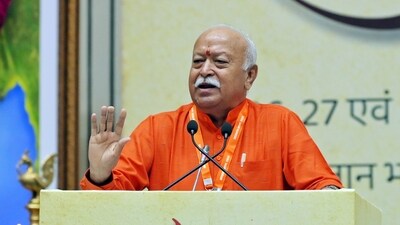RSS chief Mohan Bhagwat addresses the gathering during an event to mark 100 years of Rashtriya Swayamsevak Sangh at Bharat Mandapam, in New Delhi. (ANI) RSS chief Mohan Bhagwat addresses the gathering during an event to mark 100 years of Rashtriya Swayamsevak Sangh at Bharat Mandapam, in New Delhi. (ANI)