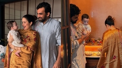 Sagarika Ghatge, Zaheer Khan and their son Fatehsinh celebrated Ganesh Chaturthi at home. Sagarika Ghatge, Zaheer Khan and their son Fatehsinh celebrated Ganesh Chaturthi at home.