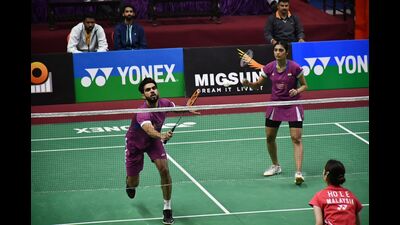 Shuttler Dhruv Kapila, with his partner Tanisha Crasto, in action at the World Badminton Championships in Paris on Thursday. (HT Photo)