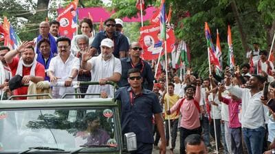Tamil Nadu chief minister MK Stalin, Lok Sabha LoP and Congress MP Rahul Gandhi, party MP Priyanka Gandhi, party Bihar President Rajesh Kumar, LoP Bihar Assembly and RJD leader Tejashwi Yadav and CPI-ML General Secretary Dipankar Bhattacharya during the 'Voter Adhikar Yatra', in Muzaffarpur on Wednesday (AICC/ANI) Tamil Nadu chief minister MK Stalin, Lok Sabha LoP and Congress MP Rahul Gandhi, party MP Priyanka Gandhi, party Bihar President Rajesh Kumar, LoP Bihar Assembly and RJD leader Tejashwi Yadav and CPI-ML General Secretary Dipankar Bhattacharya during the 'Voter Adhikar Yatra', in Muzaffarpur on Wednesday (AICC/ANI)