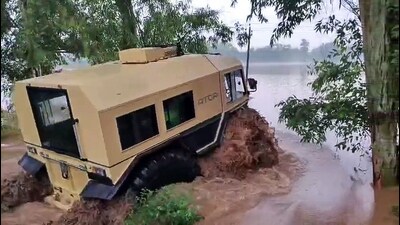 The ATOR N1200 specialist mobility vehicle (SMV) arrives as part of rescue operations as rescue work continues by the Indian Army at the flood-affected areas of Ramdas after the Ravi River overflow in Amritsar on Thursday. (ANI Video Grab)