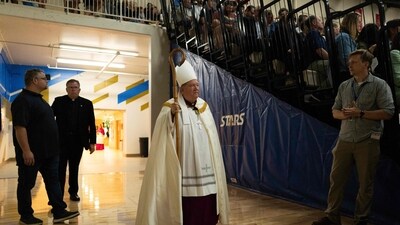 Archbishop Bernard Hebda arrives at a vigil in Richfield on August 27, offering prayers and support after the mass shooting at Annunciation Catholic School. (Photo by Stephen Maturen / GETTY IMAGES NORTH AMERICA / Getty Images via AFP) (Getty Images via AFP) Archbishop Bernard Hebda arrives at a vigil in Richfield on August 27, offering prayers and support after the mass shooting at Annunciation Catholic School. (Photo by Stephen Maturen / GETTY IMAGES NORTH AMERICA / Getty Images via AFP) (Getty Images via AFP)