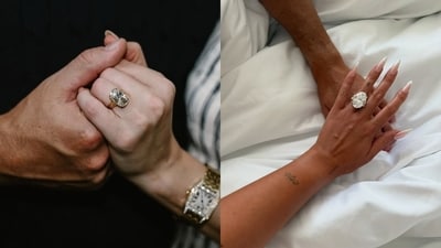 Celebrities are opting for dazzling engagement rings half the size of their ring finger, and the internet is here for it! (instagram/@taylorswift; instagram/@georginagio) Celebrities are opting for dazzling engagement rings half the size of their ring finger, and the internet is here for it! (instagram/@taylorswift; instagram/@georginagio)