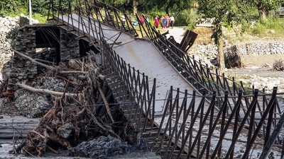 A bridge damaged due to heavy rainfall, in Kullu, Himachal Pradesh on Wednesday, August 27, 2025. (PTI) A bridge damaged due to heavy rainfall, in Kullu, Himachal Pradesh on Wednesday, August 27, 2025. (PTI)