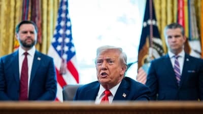 President Trump, flanked by Vice President JD Vance and Defense Secretary Pete Hegseth, in the Oval Office this week. President Trump, flanked by Vice President JD Vance and Defense Secretary Pete Hegseth, in the Oval Office this week.