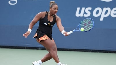 Taylor Townsend from the US dazzled in a sleeveless, racerback black tennis dress with flame detailing on the hem, while playing against Latvia's Jelena Ostapenko during their Women's Singles Second Round match on Day Four of the 2025 US Open. (AFP) Taylor Townsend from the US dazzled in a sleeveless, racerback black tennis dress with flame detailing on the hem, while playing against Latvia's Jelena Ostapenko during their Women's Singles Second Round match on Day Four of the 2025 US Open. (AFP)