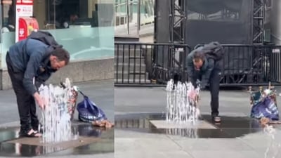 A clip from Toronto showed a homeless man washing at a public fountain. (Instagram/nitishadvitiy) A clip from Toronto showed a homeless man washing at a public fountain. (Instagram/nitishadvitiy)