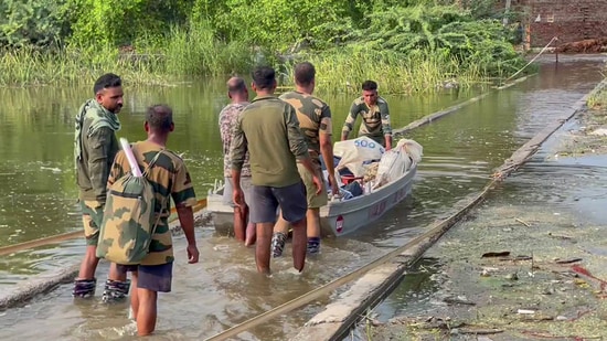 A BSF post is inundated with flood water following rise in Sutlej River's water level, in Fazilka on Thursday. (ANI Video Grab)