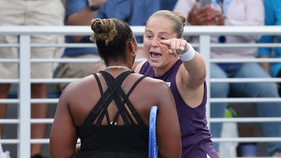 Jelena Ostapenko of Latvia and Taylor Townsend of the USA involved in an on-court altercation. (Getty Images via AFP)