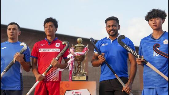 India’s captain Harmanpreet Singh with counterparts of other teams poses with the trophy ahead of Asia Cup Hockey in Rajgir (PTI)