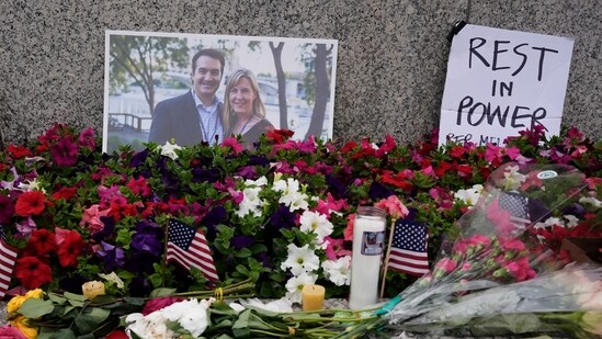 A memorial for Minnesota state Rep. Melissa Hortman and her husband Mark is seen at the state Capitol, Sunday, June 15, 2025, in St. Paul, Minn. (AP Photo/George Walker IV) (AP)