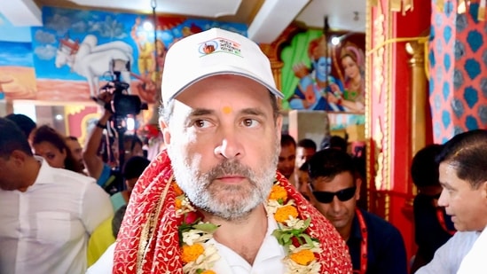 Leader of the Opposition in the Lok Sabha Rahul Gandhi during a visit to the Janaki Temple, in Sitamarhi, Bihar, as part of his 'Voter Adhikar Yatra' ahead of the assembly election due in October-November. (AICC)
