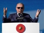 Turkish President Tayyip Erdogan delivers a speech during the Teknofest Blue Homeland event at the Naval Shipyard Command in Istanbul, Turkey, August 28, 2025.