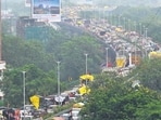 Mumbai, India - Aug. 29, 2025: View of Eastern freeway traffic jam during the ongoing Maratha Reservation Protest at Azad Maidan, in Mumbai, India, on Friday, August 29, 2025. (Photo by Anshuman Poyrekar/Hindustan Times) (Anshuman Poyrekar/HT Photo)