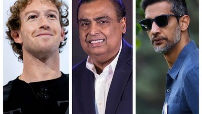 (From left) Facebook CEO Mark Zuckerberg, Reliance Industries Chairman Mukesh Ambani and Google CEO Sundar Pichai. (HT) (From left) Facebook CEO Mark Zuckerberg, Reliance Industries Chairman Mukesh Ambani and Google CEO Sundar Pichai. (HT)