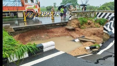 Certain stretches of National Highway-44 in Kamareddy district have been damaged due to intense rainfall in Telangana on Thursday. (Agencies) Certain stretches of National Highway-44 in Kamareddy district have been damaged due to intense rainfall in Telangana on Thursday. (Agencies)