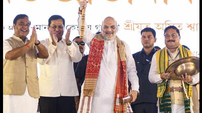 Guwahati: Union home minister Amit Shah with Union minister Sarbananda Sonowal, Assam chief minister Himanta Biswa Sarma and State BJP president Dilip Saikia during the NDA Panchayat Pratinidhi Sammelan, in Guwahati, Friday, Aug. 29 (PTI) Guwahati: Union home minister Amit Shah with Union minister Sarbananda Sonowal, Assam chief minister Himanta Biswa Sarma and State BJP president Dilip Saikia during the NDA Panchayat Pratinidhi Sammelan, in Guwahati, Friday, Aug. 29 (PTI)
