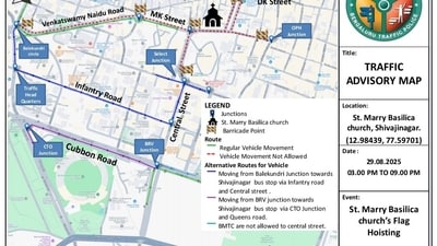 Bengaluru traffic advisory: The public is advised to avoid Shivajinagar and use alternative routes as several roads will be closed on August 29. Bengaluru traffic advisory: The public is advised to avoid Shivajinagar and use alternative routes as several roads will be closed on August 29.