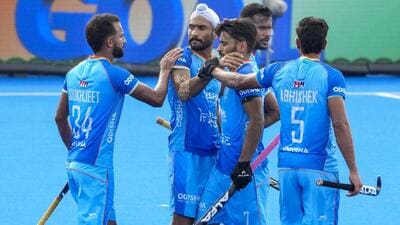 India’s Jugraj Singh, Manpreet Singh, Sukhjeet Singh, Abhishek and others celebrate a goal against China. (PTI) India’s Jugraj Singh, Manpreet Singh, Sukhjeet Singh, Abhishek and others celebrate a goal against China. (PTI)