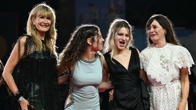 (L-R) Laura Dern, Jaya Harper, May Nivola, and Emily Mortimer attend the red carpet for the screening of the movie Jay Kelly at Venice Lido. (AFP) (L-R) Laura Dern, Jaya Harper, May Nivola, and Emily Mortimer attend the red carpet for the screening of the movie Jay Kelly at Venice Lido. (AFP)