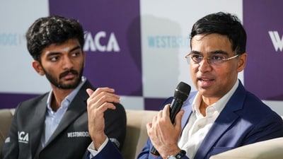 World Chess Champion D Gukesh, left, with former world chess champion Viswanathan Anand during a press conference. (PTI) World Chess Champion D Gukesh, left, with former world chess champion Viswanathan Anand during a press conference. (PTI)