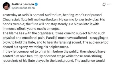 Writer Taslima Nasreen had expressed her concern for Pandit Hariprasad Chaurasia's age during his recent live performance. (Photo: X) Writer Taslima Nasreen had expressed her concern for Pandit Hariprasad Chaurasia's age during his recent live performance. (Photo: X)
