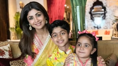 Shilpa Shetty with son Viaan and daughter Samisha Shilpa Shetty with son Viaan and daughter Samisha