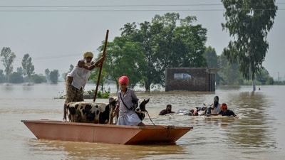 Residents move to a safer place through the floods caused by the swollen river Beas in the Kapurthala district of Punjab. (AFP) Residents move to a safer place through the floods caused by the swollen river Beas in the Kapurthala district of Punjab. (AFP)