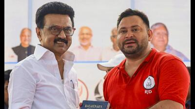 Tamil Nadu chief minister MK Stalin with LoP in the Bihar Legislative Assembly and RJD leader Tejashwi Yadav during the 'Voter Adhikar Yatra', in Bihar earlier this week. (PTI PHOTO) Tamil Nadu chief minister MK Stalin with LoP in the Bihar Legislative Assembly and RJD leader Tejashwi Yadav during the 'Voter Adhikar Yatra', in Bihar earlier this week. (PTI PHOTO)