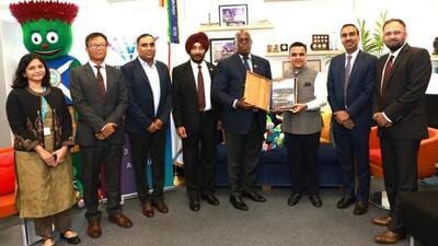 The Indian delegation, led by Gujarat sports minister Harsh Sanghavi, presents the 2030 CWG bid in London. (IOA) The Indian delegation, led by Gujarat sports minister Harsh Sanghavi, presents the 2030 CWG bid in London. (IOA)