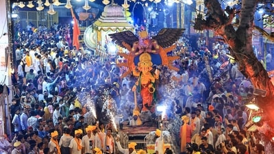 Jaipur witnessed massive gatherings of devotees taking part in a ‘Shobha Yatra’, which marks the conclusion of Ganesh Chaturthi festival. (PTI) Jaipur witnessed massive gatherings of devotees taking part in a ‘Shobha Yatra’, which marks the conclusion of Ganesh Chaturthi festival. (PTI)