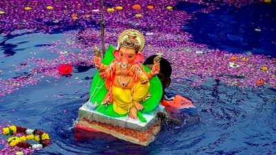 Mumbai's Visarjan ceremonies were exceptionally splendid, with beautiful flower petals floating around the immersed idols. (PTI) Mumbai's Visarjan ceremonies were exceptionally splendid, with beautiful flower petals floating around the immersed idols. (PTI)