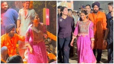 Radhika Merchant attends Ganpati Visarjan celebrations. Radhika Merchant attends Ganpati Visarjan celebrations.