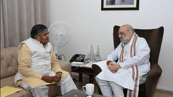Punjab governor and Chandigarh administrator Gulab Chand Kataria with Union home minister Amit Shah in Guwahati on Friday. (X)