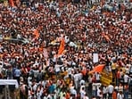 Maratha quota agitation leader Manoj Jarange Patil began his indefinite hunger strike for maratha reservation at Azad Maidan in south Mumbai on Friday. More than 50,000 supporters and members of the community have gathered at the venue in his support. (Photo by Raju Shinde/HT Photo)
