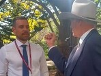 Katter's Australian Party Member for Kennedy Bob Katter argues with 9News reporter Josh Bavas during a press conference in Brisbane, Queensland, Australia.