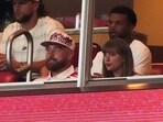 Taylor Swift, front right, sits with fiance Travis Kelce. Taylor Swift, front right, sits with fiance Travis Kelce.
