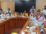 Representatives of the Akhil Bharatiya Brahmin Mahasabha at a meeting in Lucknow on Friday. (HT Photo)