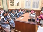 UP governor Anandiben Patel interacting with girl students at Raj Bhawan, Lucknow, on Saturday (HT Photo) UP governor Anandiben Patel interacting with girl students at Raj Bhawan, Lucknow, on Saturday (HT Photo)